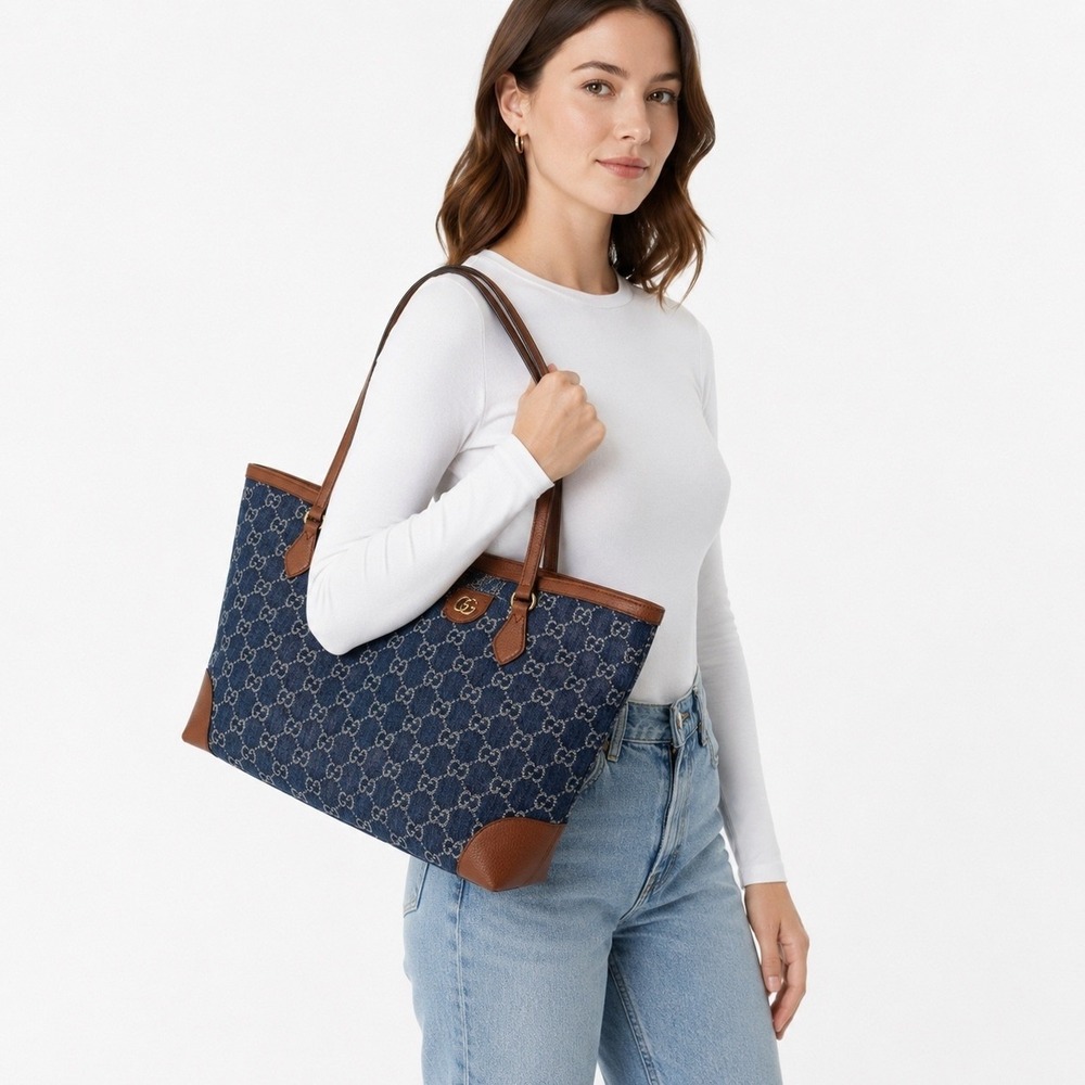 Gucci GG Monogram Denim Tote Bag Medium Blue Brown Leather Trim Tea Cuir - Picture 2 of 16